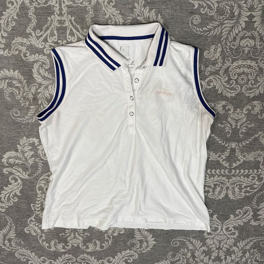 Kate Lord The Villages Women's XL Sleeveless Polo Shirt White Blue Trim Casual